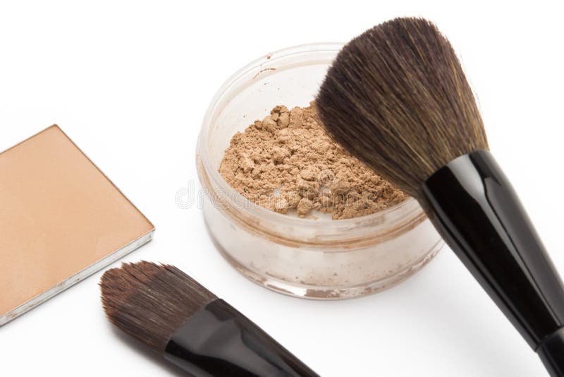 Loose Powder and Compact Powder with Makeup Brush and Puff Stock Photo