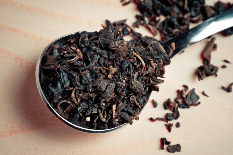 Loose Tea in a Metal Spoon on a Wooden Surface Stock Image Image of