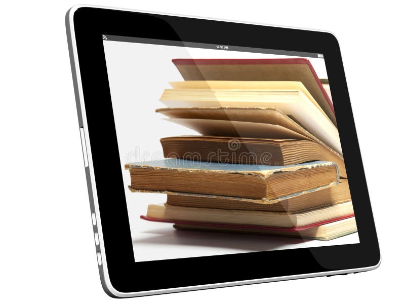 Libro e computer tablet modello 3D isolato su bianco, il concetto di biblioteca digitale, Oggetti con i Tracciati di Ritaglio.