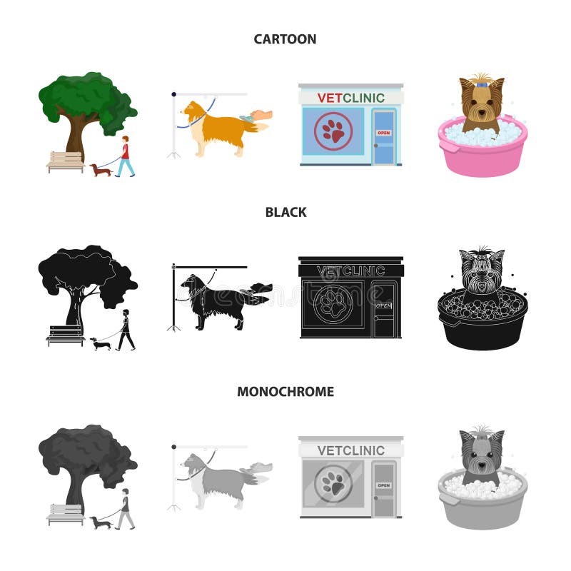 Lopend met een hond in het park, die een hond, een veterinair bureau kammen, die een huisdier baden Van het dierenartskliniek en vector illustratie Lopend met een hond in het park, die een hond, een veterinair bureau kammen, die een huisdier baden Van het dierenartskliniek en vector illustratie