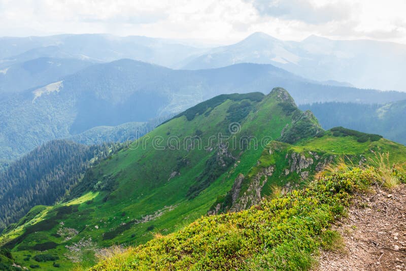 Lopp som trekking, natur Majestätiska höga gröna berg Horisontal inrama arkivbilder Lopp som trekking, natur Majestätiska höga gröna berg Horisontal inrama arkivbilder