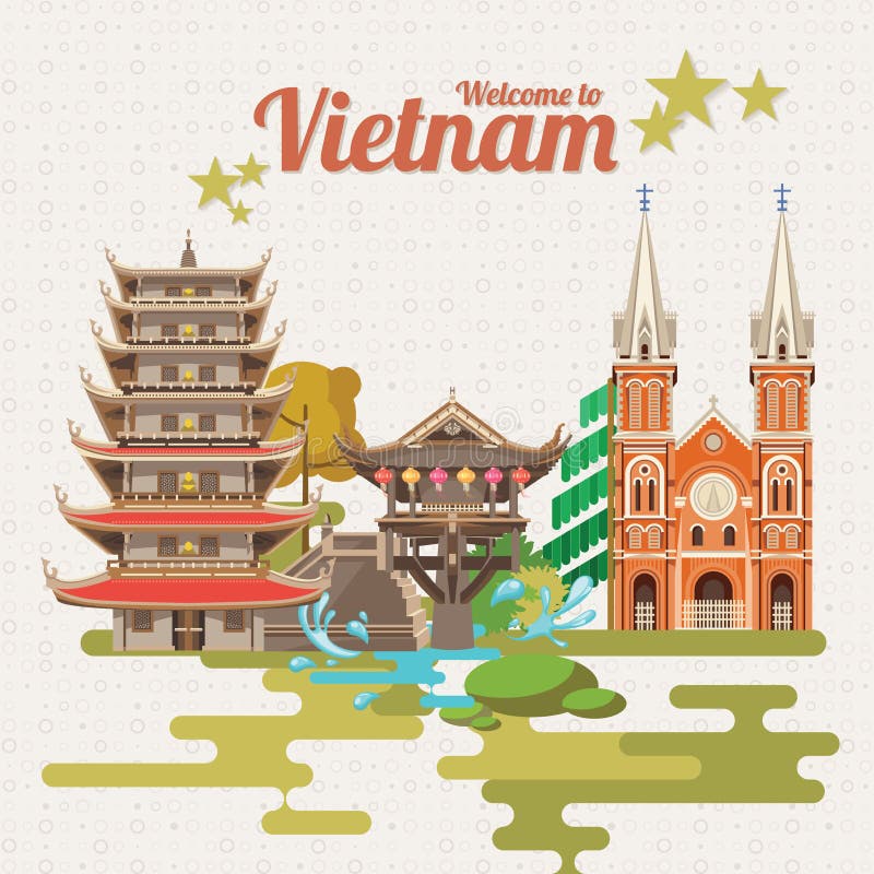 Lopp till det Vietnam kortet med vietnamesiska pagoder vektor illustrationer Lopp till det Vietnam kortet med vietnamesiska pagoder vektor illustrationer