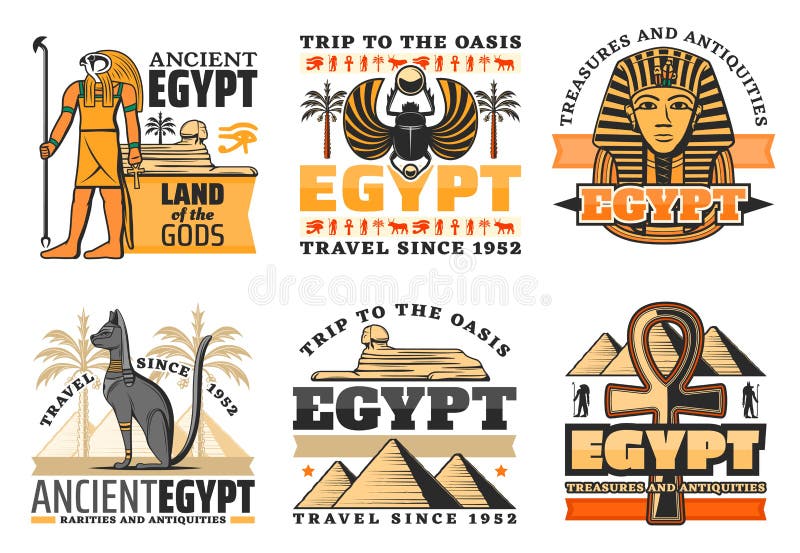 Lopp till Egypten symboler, egyptiska gudar och sikt royaltyfri illustrationer Lopp till Egypten symboler, egyptiska gudar och sikt royaltyfri illustrationer