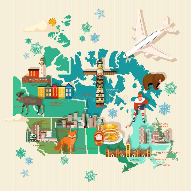 Lopp till Kanada Ljus design Kanadensisk vektorillustration med översikten och flygplanet retro stil Loppvykort stock illustrationer Lopp till Kanada Ljus design Kanadensisk vektorillustration med översikten och flygplanet retro stil Loppvykort stock illustrationer