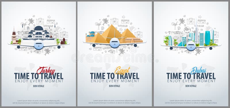 Lopp till Turkiet, Egypten och Dubai tid att löpa Baner med flygplanet och hand-attraktion klotter på bakgrunden vektor vektor illustrationer Lopp till Turkiet, Egypten och Dubai tid att löpa Baner med flygplanet och hand-attraktion klotter på bakgrunden vektor vektor illustrationer