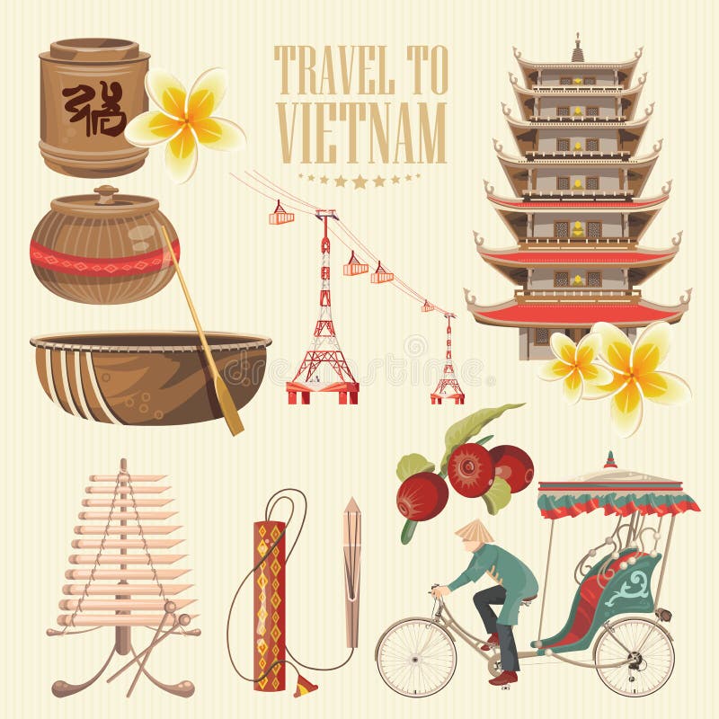 Lopp till Vietnam Uppsättning av traditionella vietnamesiska kulturella symboler vektor illustrationer Lopp till Vietnam Uppsättning av traditionella vietnamesiska kulturella symboler vektor illustrationer