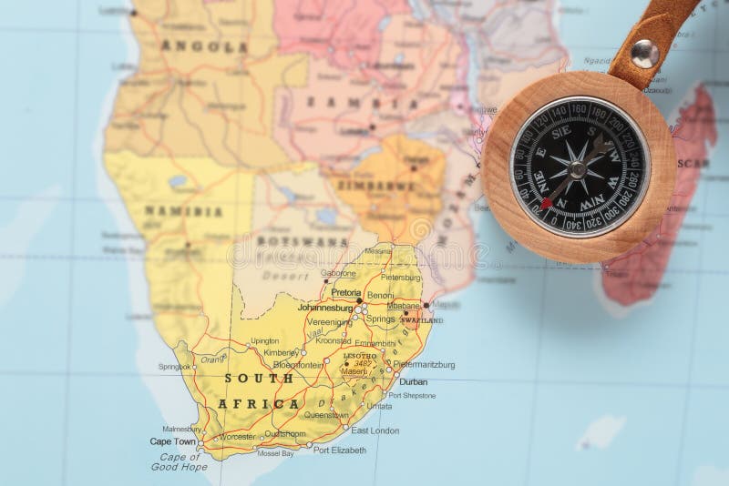 Loppdestination Sydafrika, översikt med kompasset arkivbilder Loppdestination Sydafrika, översikt med kompasset arkivbilder