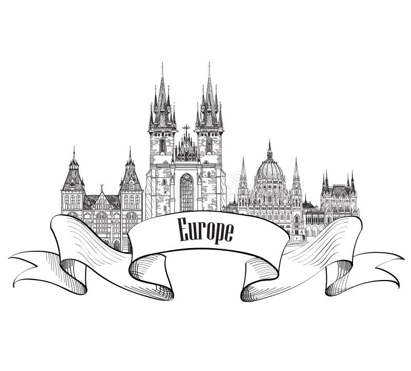 LoppEuropa etikett Berömda byggnader och gränsmärken Europé ca vektor illustrationer LoppEuropa etikett Berömda byggnader och gränsmärken Europé ca vektor illustrationer