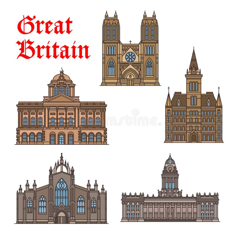 Travel landmark of Great Britain icon set. Thin line Town Hall buildings of Manchester, Liverpool and Leeds, Bristol Cathedral church and St Giles Cathedral symbol for travel and architecture design. Travel landmark of Great Britain icon set. Thin line Town Hall buildings of Manchester, Liverpool and Leeds, Bristol Cathedral church and St Giles Cathedral symbol for travel and architecture design