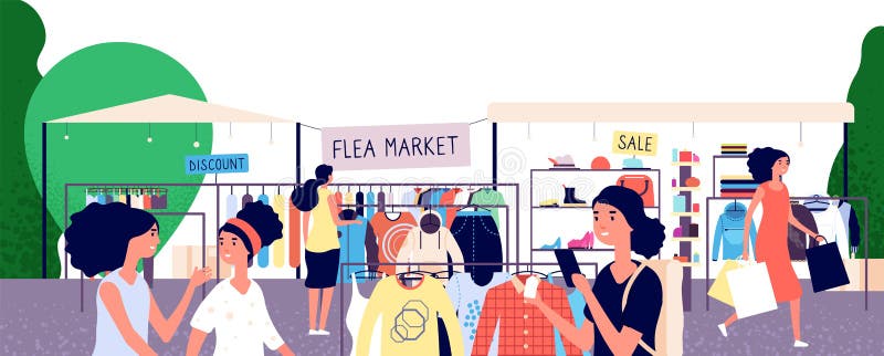 Loppmarknad Kvinnashoppare som väljer modekläder på basaren Garagegataförsäljning och andrahands- shoppa vektor royaltyfri illustrationer Loppmarknad Kvinnashoppare som väljer modekläder på basaren Garagegataförsäljning och andrahands- shoppa vektor royaltyfri illustrationer