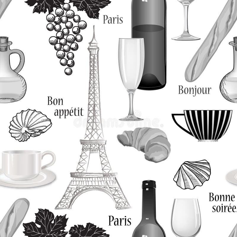 LoppParis sömlös modell Berömd fransk matbakgrund CU vektor illustrationer LoppParis sömlös modell Berömd fransk matbakgrund CU vektor illustrationer