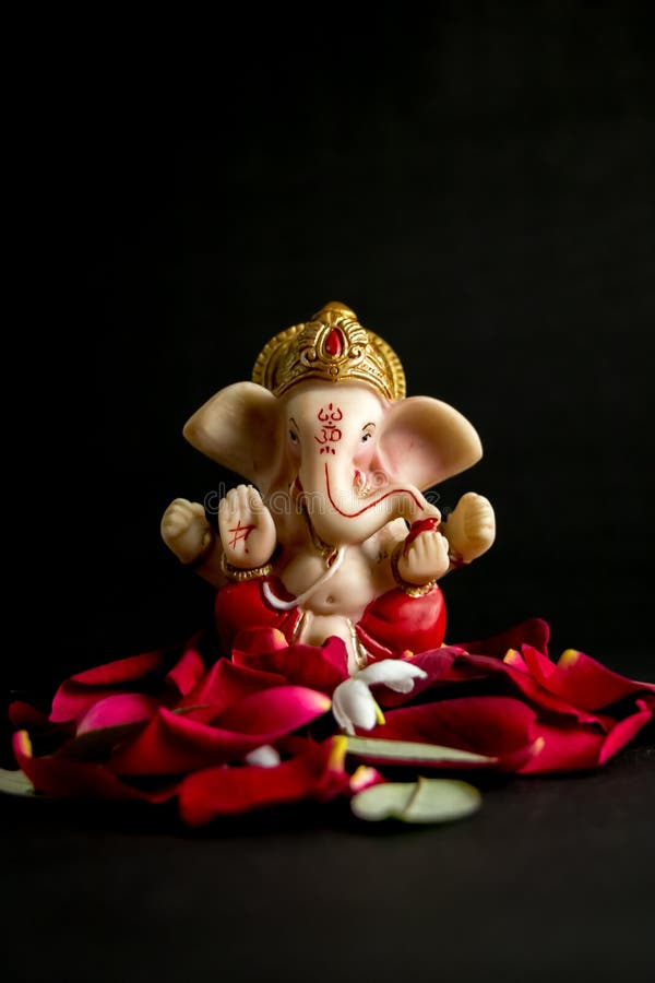 Lord Ganesha Idol with Rose Petals, White Flowers and Leaves on Black  Background Stock Image - Image of indian, belief: 128037681