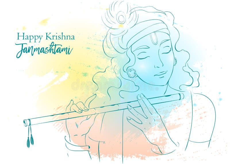 Lord Krishna vector Illustration. Happy Janmashtami, annual Hindu festival greetings. Line art portrait royalty free illustration Lord Krishna vector Illustration. Happy Janmashtami, annual Hindu festival greetings. Line art portrait royalty free illustration