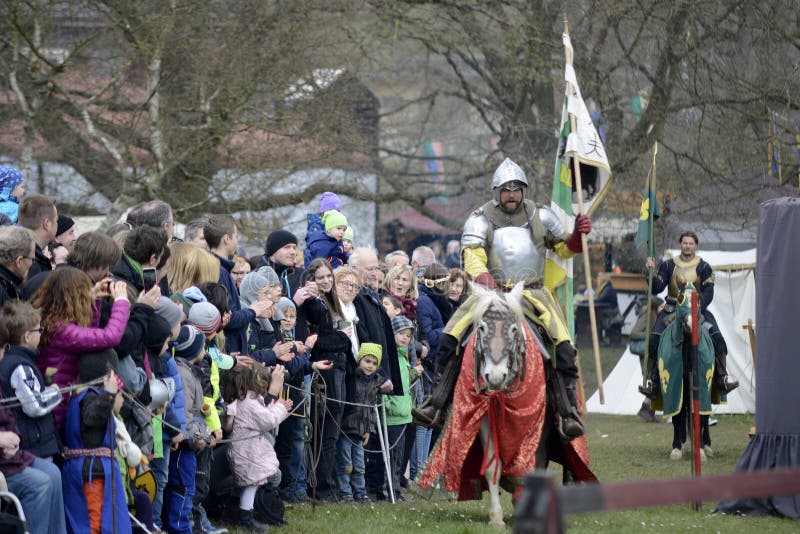 06.04.2015 Lorelay Germany - Medieval Knight games knights fighting in tournament riding on horse. 06.04.2015 Lorelay Germany - Medieval Knight games knights fighting in tournament riding on horse