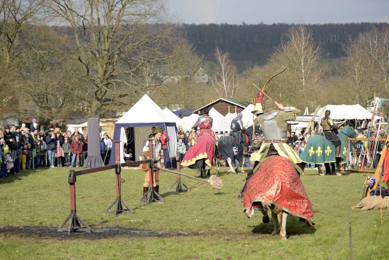 06.04.2015 Lorelay Germany - Medieval Knight games knights fighting in tournament riding on horse. 06.04.2015 Lorelay Germany - Medieval Knight games knights fighting in tournament riding on horse