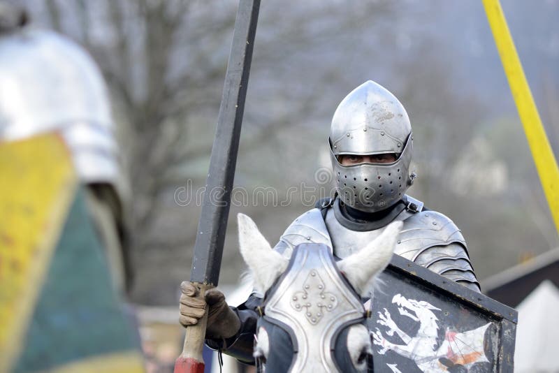 06.04.2015 Lorelay Germany - Medieval Knight games knights fighting in tournament riding on horse. 06.04.2015 Lorelay Germany - Medieval Knight games knights fighting in tournament riding on horse