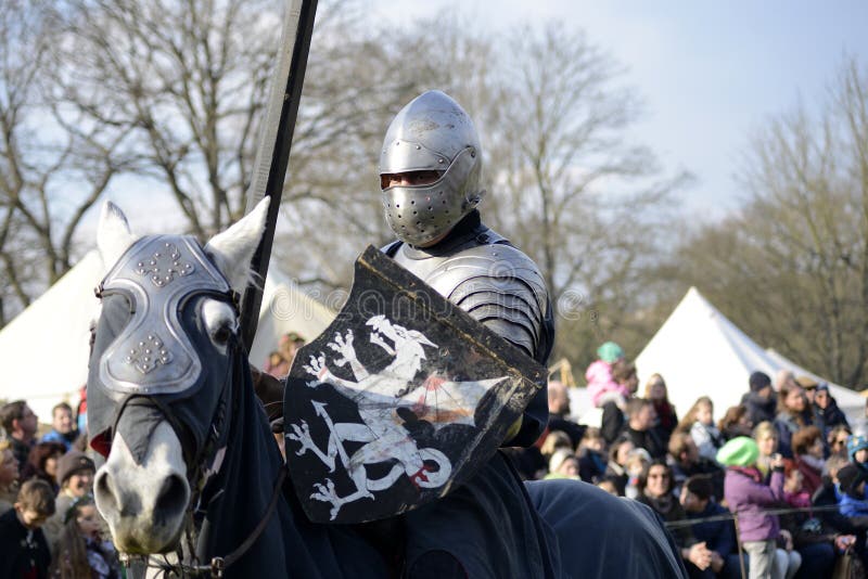 06.04.2015 Lorelay Germany - Medieval Knight games knights fighting in tournament riding on horse. 06.04.2015 Lorelay Germany - Medieval Knight games knights fighting in tournament riding on horse