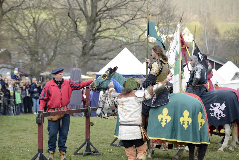 06.04.2015 Lorelay Germany - Medieval Knight games knights fighting in tournament riding on horse. 06.04.2015 Lorelay Germany - Medieval Knight games knights fighting in tournament riding on horse