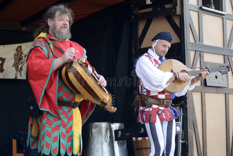 06.04.2015 Lorelay Germany - Musicians in medieval costume perform on the street during the traditional Medieval fair. 06.04.2015 Lorelay Germany - Musicians in medieval costume perform on the street during the traditional Medieval fair