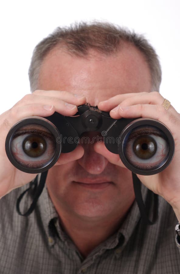 Man looking through binoculars with magnified cartoon eyes in the lenses; isolated on white; see two other versions, one normal, one with less effect. Man looking through binoculars with magnified cartoon eyes in the lenses; isolated on white; see two other versions, one normal, one with less effect