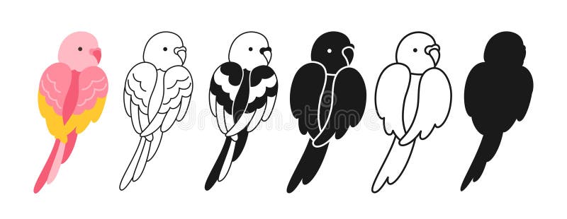 Loro juego de dibujos animados tropicales exóticos loros de budgerigar vivos sentados silueta símbolo de símbolo vector stock de ilustración