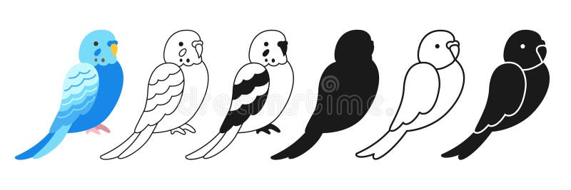 Loro juego de dibujos animados tropicales exóticos loros de budgerigar vivos sentados silueta símbolo de símbolo vector ilustración del vector