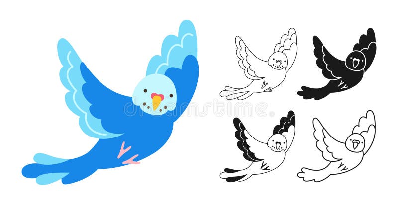 Loro juego de dibujos animados tropicales exóticos loros de budgerigar volando contorno signo divertido vector viviente stock de ilustración