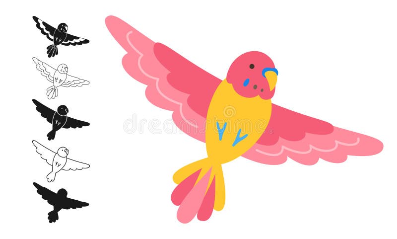 Loro juego de dibujos animados tropicales exóticos loros de budgerigar volando contorno signo divertido vector viviente libre illustration