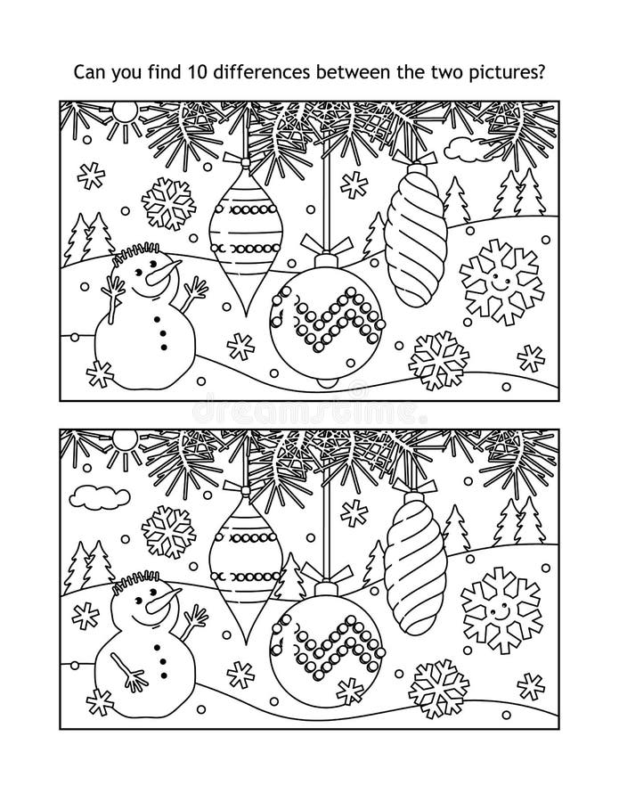 Los adornos de los árboles de Navidad encuentran las diferencias entre el puzzle visual y la página de colorear libre illustration Los adornos de los árboles de Navidad encuentran las diferencias entre el puzzle visual y la página de colorear libre illustration