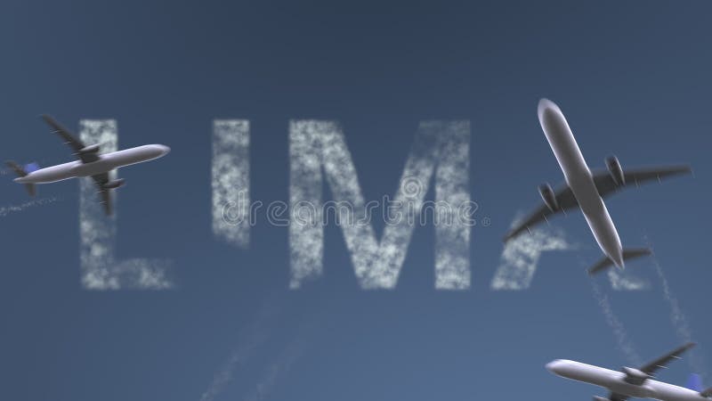 Los aeroplanos del vuelo revelan el subtítulo de Lima El viajar a la animación conceptual de la introducción de Perú almacen de metraje de vídeo
