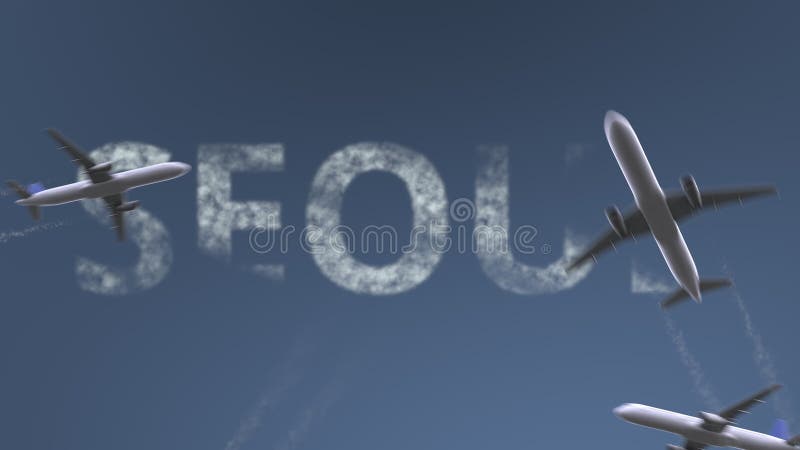 Los aeroplanos del vuelo revelan el subtítulo de Seul El viajar a la animación conceptual de la introducción de la Corea del Sur stock de ilustración