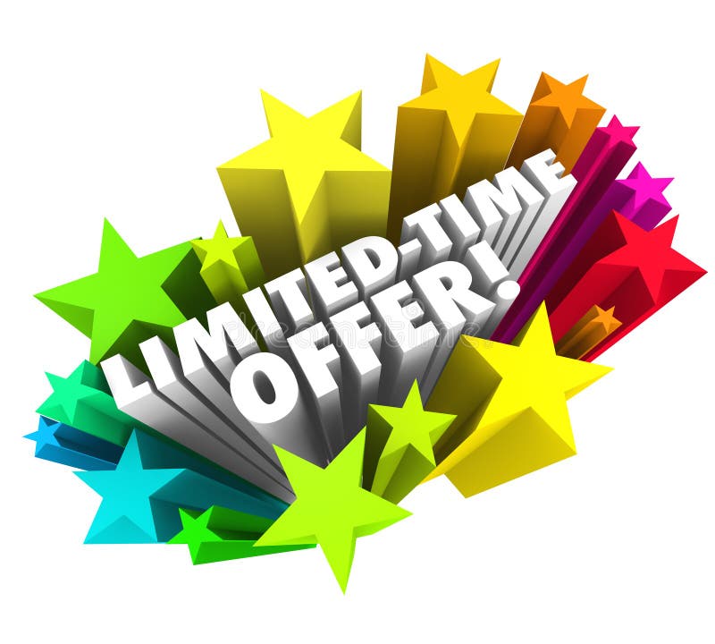 Limited Time Offer words in 3d white letters surrounded by colorful stars advertising a special savings deal or discount bargain event. Limited Time Offer words in 3d white letters surrounded by colorful stars advertising a special savings deal or discount bargain event