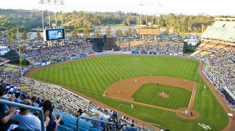 Los Angeles baseball stadium, California field with fans in the stands, full house.