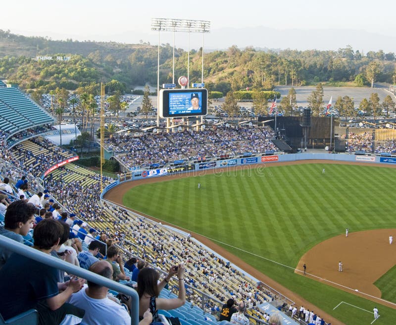 Los Angeles baseball stadium, California field with fans in the stands.