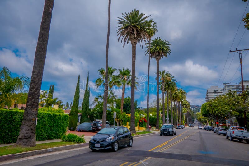 Los Angeles, California, U.S.A., 15 GIUGNO, 2018: Via delle palme in Beverly Hills ed automobili che circolano nelle strade di fotografia stock libera da diritti Los Angeles, California, U.S.A., 15 GIUGNO, 2018: Via delle palme in Beverly Hills ed automobili che circolano nelle strade di fotografia stock libera da diritti