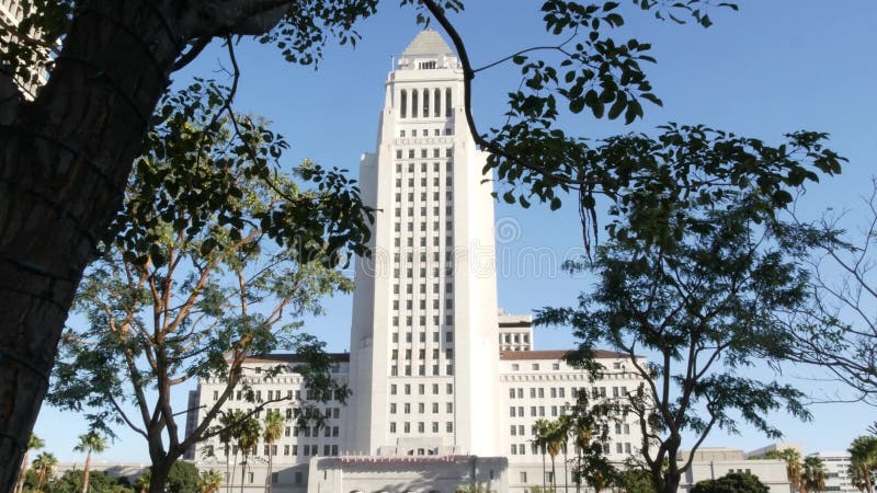 LOS ANGELES, CALIFORNIA, USA - 30 OCT 2019: City Hall highrise building exterior in Grand Park. Mayor`s office in downtown.