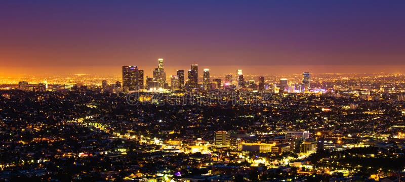 Skyline at night of Buildings in business district of Los Angeles Downtown California. Skyline at night of Buildings in business district of Los Angeles Downtown California.