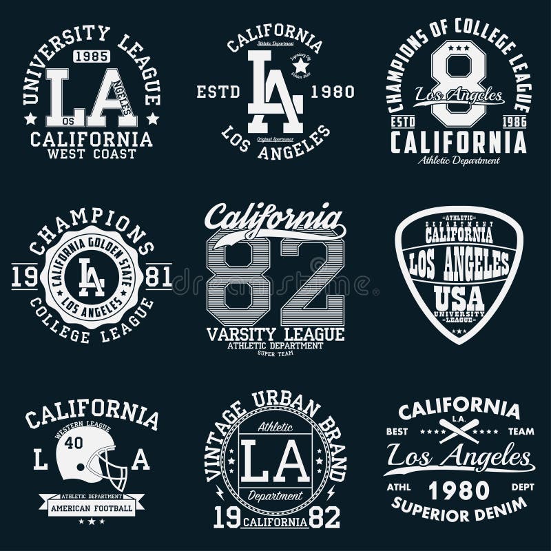 Los Angeles Kalifornien typografi Uppsättning av det idrotts- trycket för t-skjorta design Diagram för sportdräkt Samling av utsl