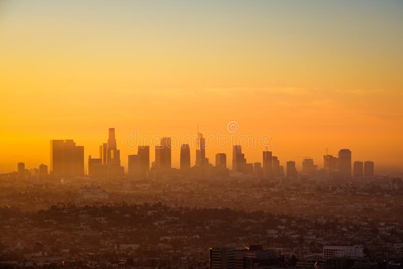 Los Angeles skyline viewed from Griffith observatory at sunrise