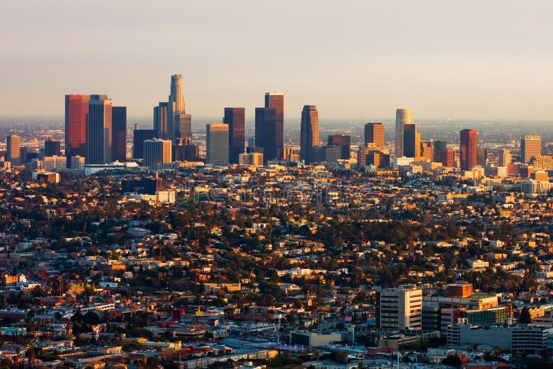 Grattacieli di Los Angeles al tramonto.
