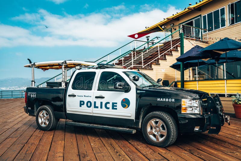 Police SUV parked on the Santa Monica pier. 