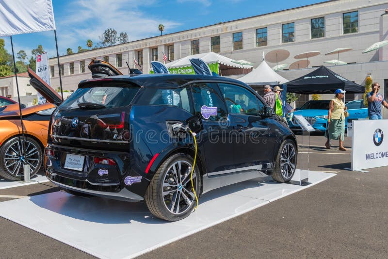 Los Angeles, USA - September 14, 2019: BMW i3 during Charge Up LA, electric vehicle EVs and plug-in hybrids PHEVs event. Los Angeles, USA - September 14, 2019: BMW i3 during Charge Up LA, electric vehicle EVs and plug-in hybrids PHEVs event