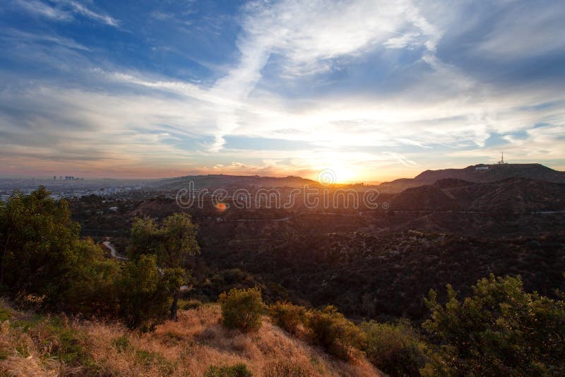 Los Angeles, View from Griffith Park at the Hollywood Hills at Sunset ...