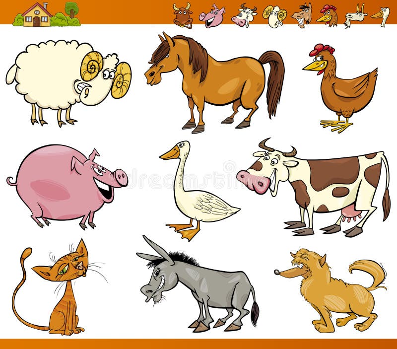 Cartoon Illustration Set of Cheerful Farm and Livestock Animals isolated on White. Cartoon Illustration Set of Cheerful Farm and Livestock Animals isolated on White