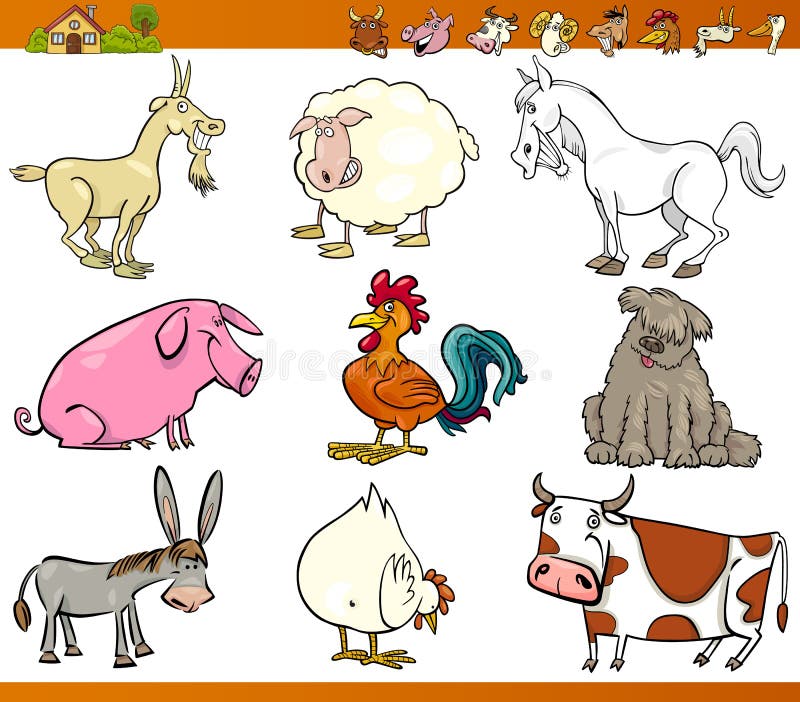 Cartoon Illustration Set of Comic Farm and Livestock Animals isolated on White. Cartoon Illustration Set of Comic Farm and Livestock Animals isolated on White