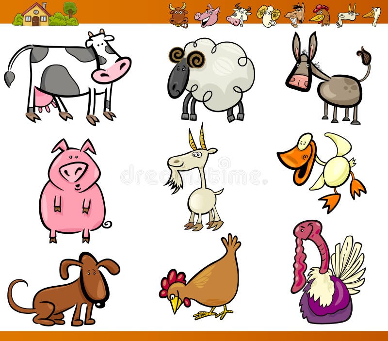 Cartoon Illustration Set of Funny Farm and Livestock Animals isolated on White. Cartoon Illustration Set of Funny Farm and Livestock Animals isolated on White