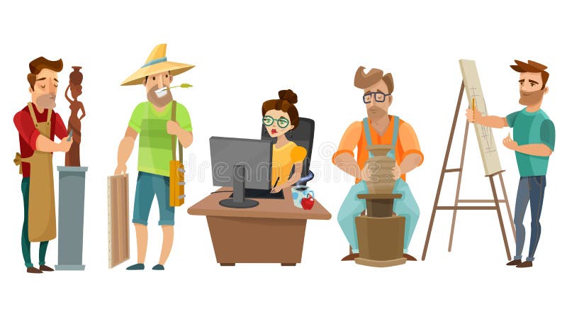Los artistas trabajan independientemente sistema creativo de la historieta de la gente ilustración del vector Los artistas trabajan independientemente sistema creativo de la historieta de la gente ilustración del vector