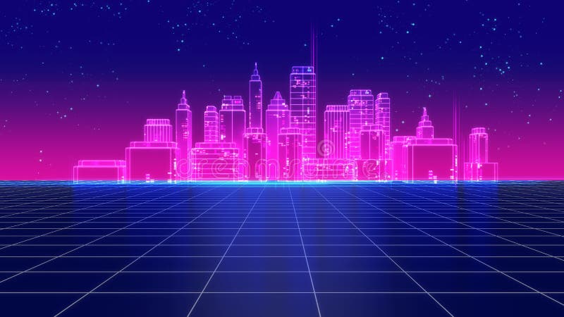 Los años 80 futuristas retros de la ciudad del rascacielos diseñan el ejemplo 3d ilustración del vector Los años 80 futuristas retros de la ciudad del rascacielos diseñan el ejemplo 3d ilustración del vector