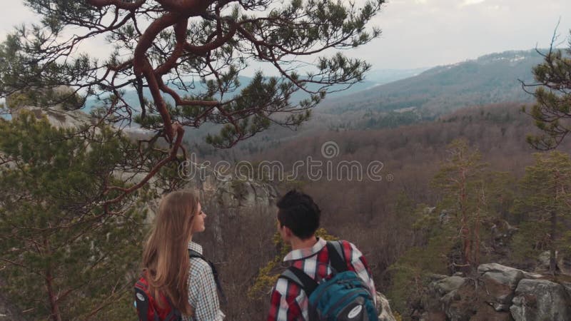 Los backpackers europeos elegantes alcanzan el top de la cumbre, ellos observan la vista asombrosa de montañas y del bosque, sonr