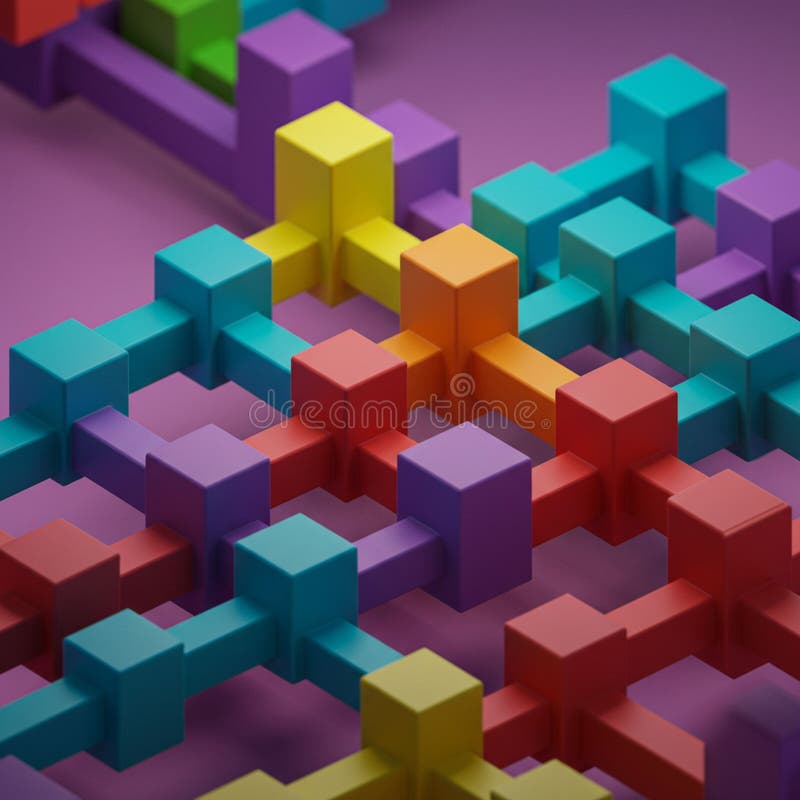 Los bloques interbloqueados coloridos forman un patrón 3D complejo sobre un fondo púrpura. Cada bloque es de un color claro diferente incluyendo el amarillo verde azul violeta y el rojo creando una red visualmente atractiva. Los bloques están conectados en una estructura de paro que parece ordenada e intrincada y que sugiere un diseño lúdico y abstracto a menudo usado para el arte visual o la ilustración conceptual. La textura lisa y los colores vivos realzan el tema abstracto y geométrico.
